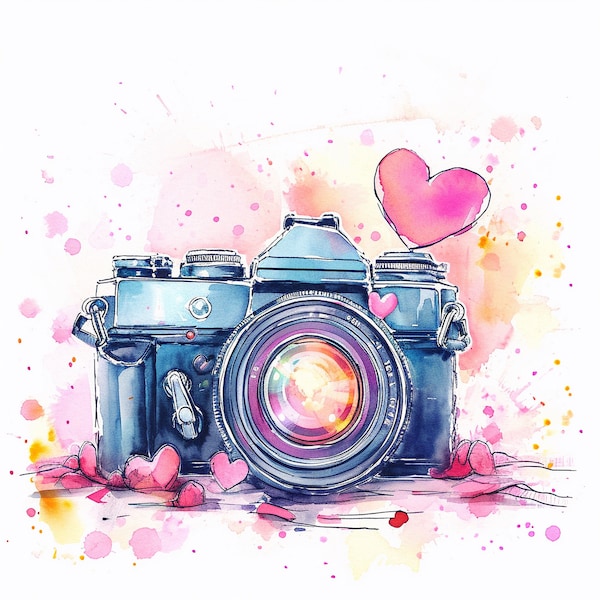 Clipart, picture, SLR camera, in love, heart, valentine, watercolor, Hi-res JPEG