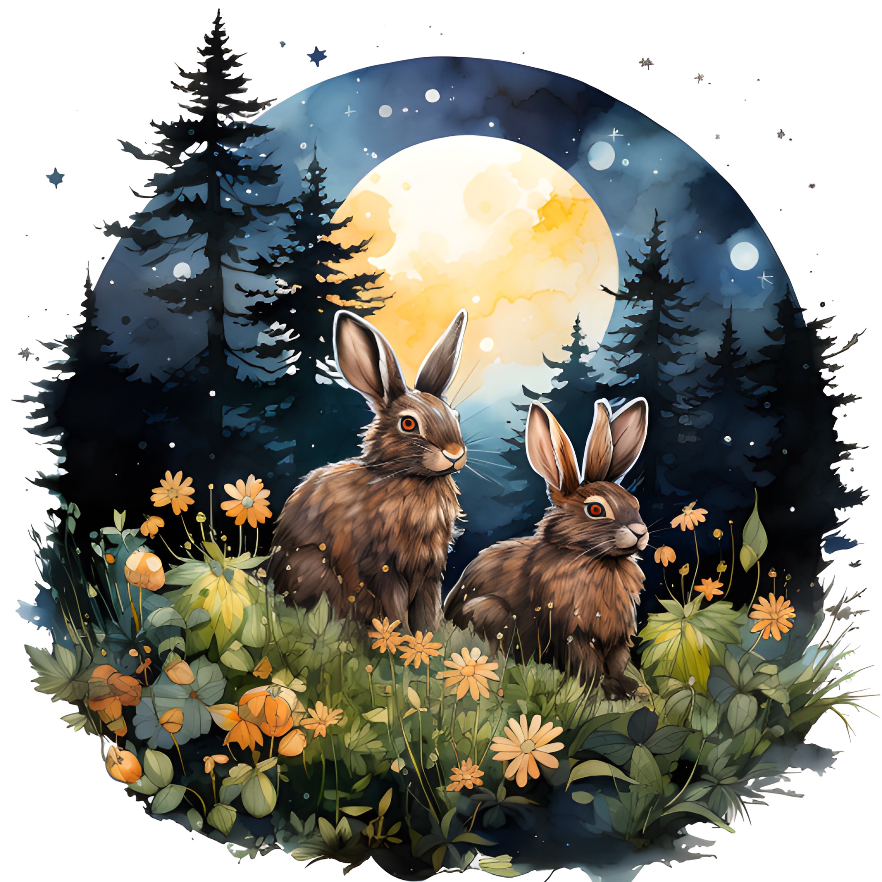 Rabbits and the Moon, Flowers, Watercolor, 3 Hi-res JPEG - Etsy