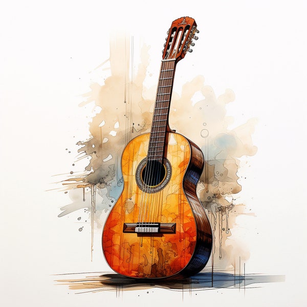 Clipart guitar, old, classic, watercolor, Hi-res JPEG