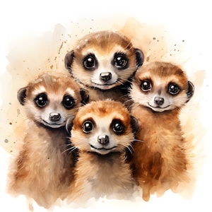 Clipart cute meerkat family, watercolor, 3 Hi-res JPEG