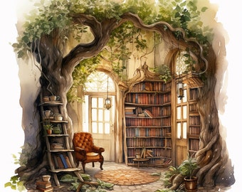 Clipart Bibliothek, Baum, Bücher, Sofa, Aquarell, Hi-Res JPEG