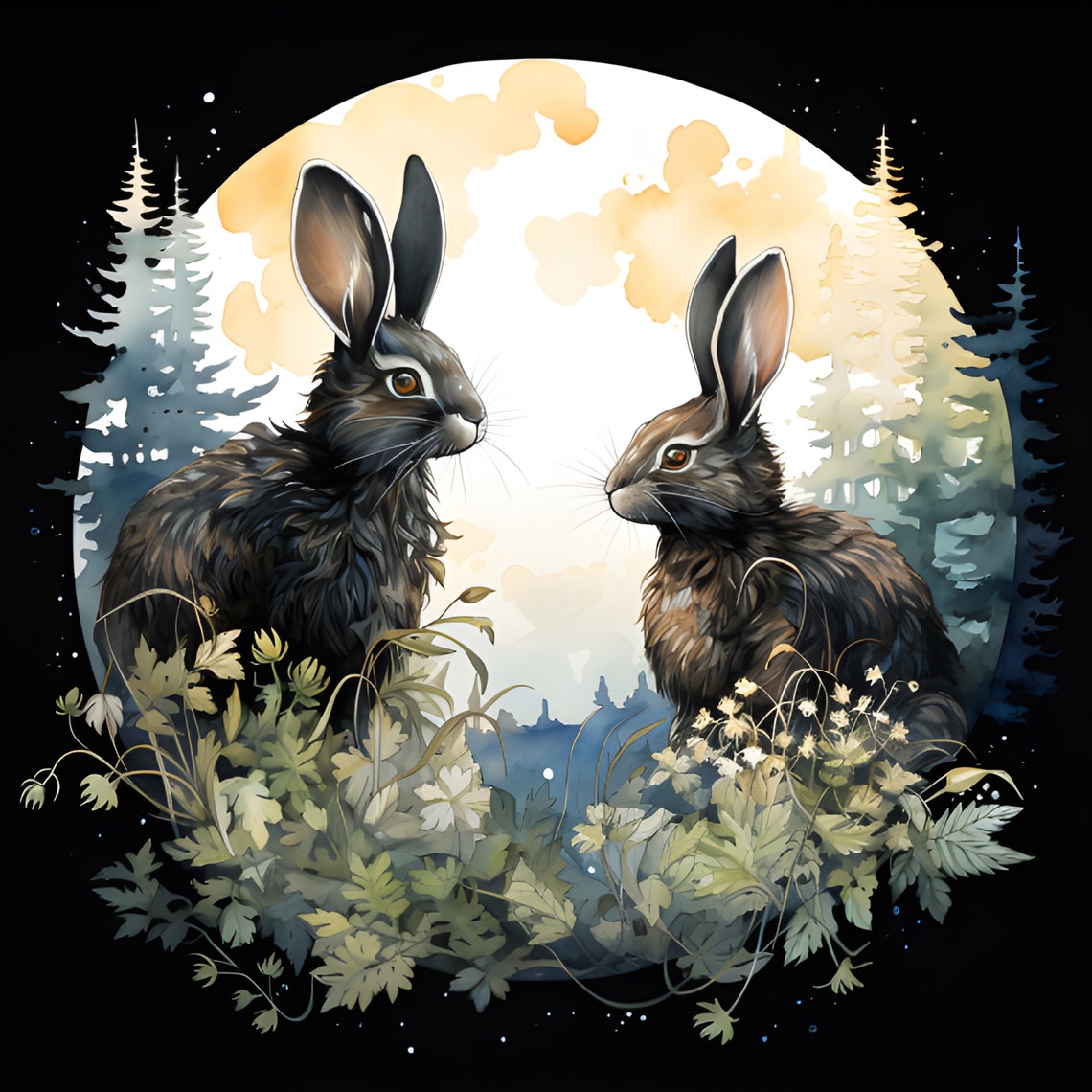 Rabbits and the Moon, Flowers, Watercolor, 3 Hi-res JPEG - Etsy