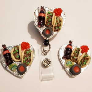 Heart Taco Badge Reel  retractable mexican food tacos de bistec with mini coca cola and rose