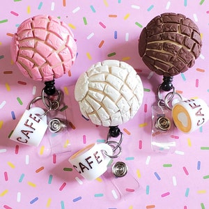 CONCHA y Café badge retractable badge reel Mexican latina Pan Dulce I&#39;d badge holder nurse teacher work badge hand sculpted