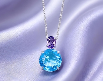 BLUE • Necklace with pendant in 18kt white gold with blue topaz and amethyst