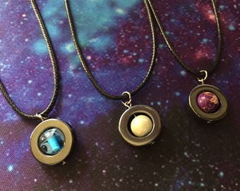 Planet Fidget Necklace / Spinning Saturn, Neptune, & Jupiter Fidget Pendants / Stim Planet Necklace / Hematite Disc