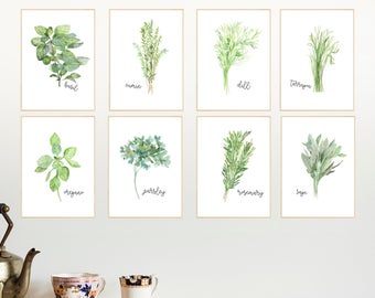 Herb Collection, Herb Set of 8, Watercolor Illustration, Herbs Kitchen Decor, Kitchen Decor, Herb Sets, Kitchen Decor, Natural Kitchen Art