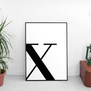 Letra x, x impresión, x póster, cartas arte, letras tipografía, carta arte de pared, carta escandinava, Affiche Scandinave, letra negra x