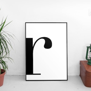 Letra r, r Impresión, r Cartel, Cartas Arte, Tipografía de Letras, Arte de pared carta, Carta escandinava, Affiche Scandinave, Carta Negra r