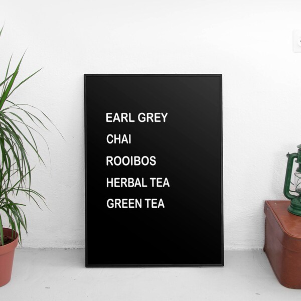 Tea Drinks Print | Tea Kitchen, Wall Art Print, earl grey, chai, rooibos, herbal tea, green tea digital print