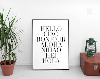 Hola Bonjour Hello, Greeting In Different Languages, Hello Ciao, Black White, Typography, Modern Decoration, Office Space,digital download