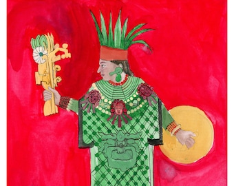 Puede incluir: Una pintura al agua de una persona que lleva una túnica con estampado verde y rojo con un tocado verde y que sostiene un cetro dorado y un tambor amarillo. El fondo es rojo.