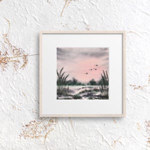 Acquerello originale, paesaggio, tramonto, erbe, oche selvatiche, paesaggio palustre, dipinto naturalistico, mini acquerello, camera da letto, corridoio