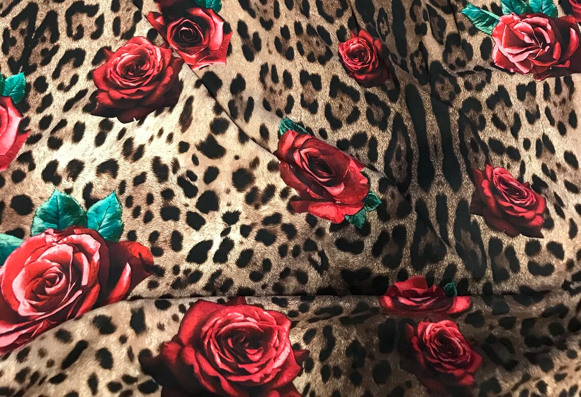 Cheetah Fabric With Pink Roses. Stretch Satin Fabric. Floral Etsy