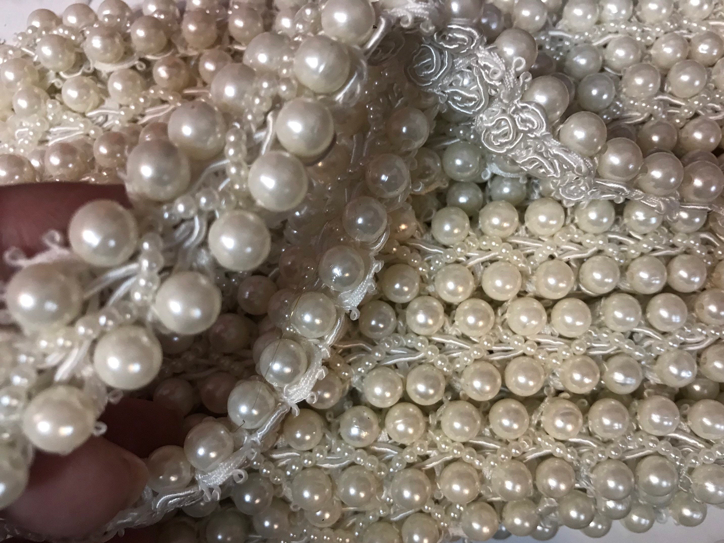 Tweed trim with beads. Pearl ribbon. Artificial pearls ribbon. Etsy