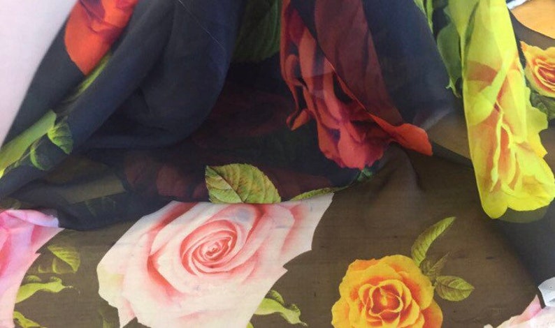 Last piece 1.5 m Designer silk fabric roses chiffon fabric Black silk fabricfloral silk fabric