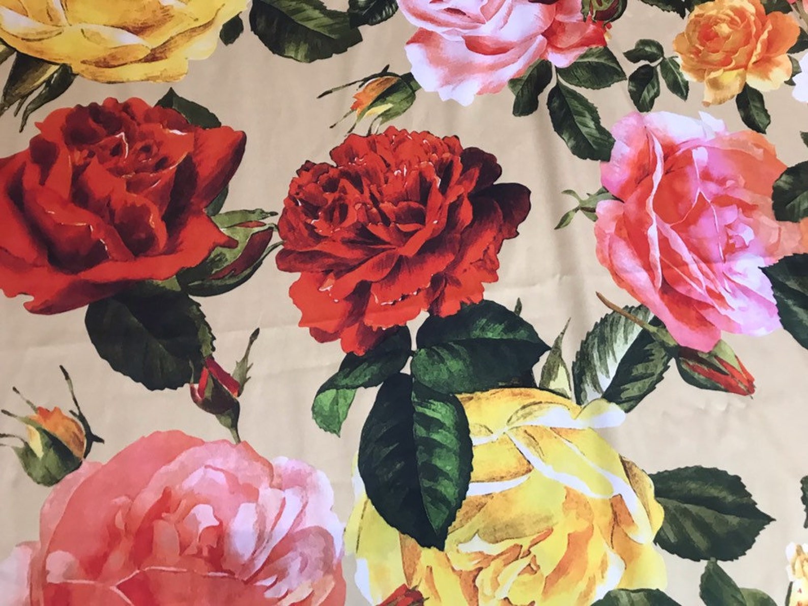 Designer cotton fabric with red and yellow flower/beige cotton Etsy