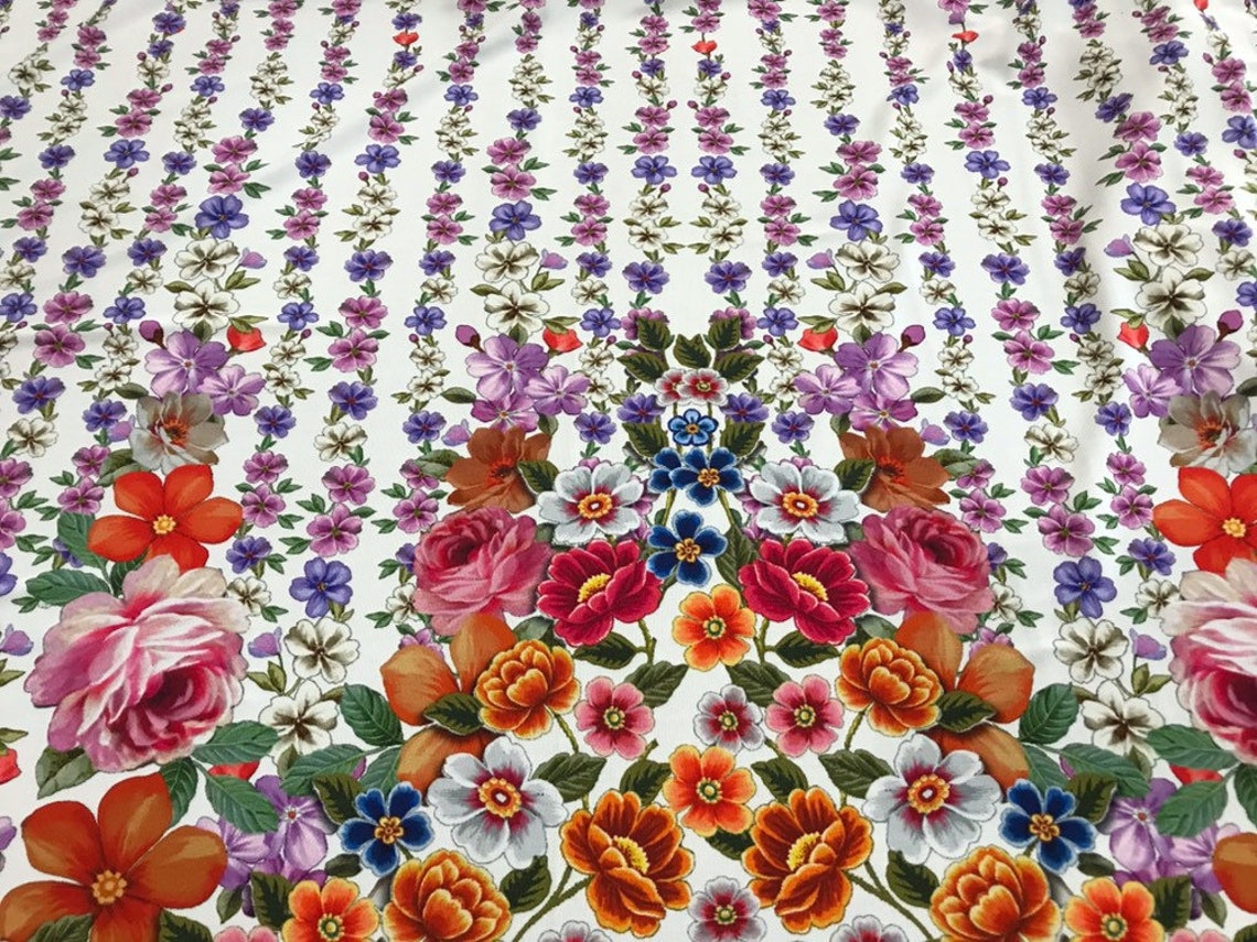 Floral jersey fabric. Floral white jersey fabric. Price for Etsy