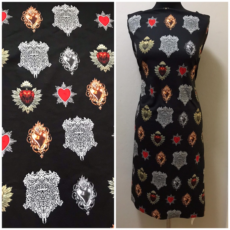 Heart jersey with floral print/stretch jersey fabric with red Etsy