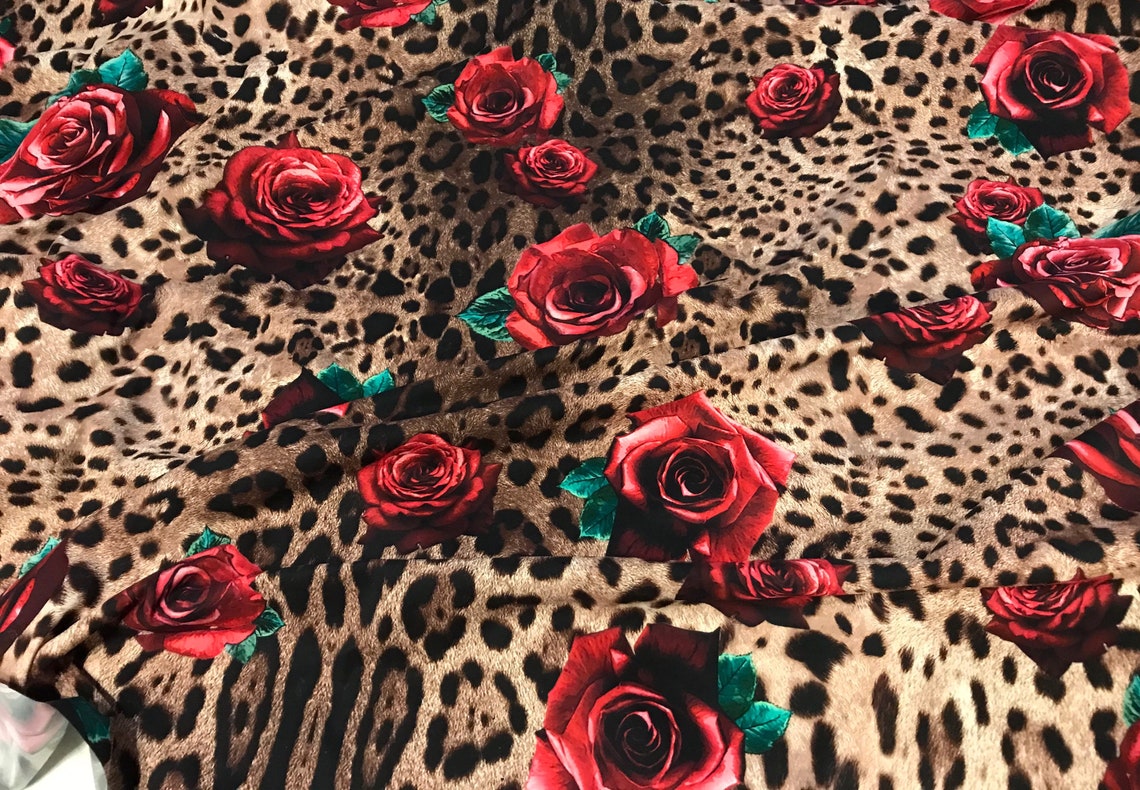 Cheetah Fabric With Pink Roses. Stretch Satin Fabric. Floral | Etsy