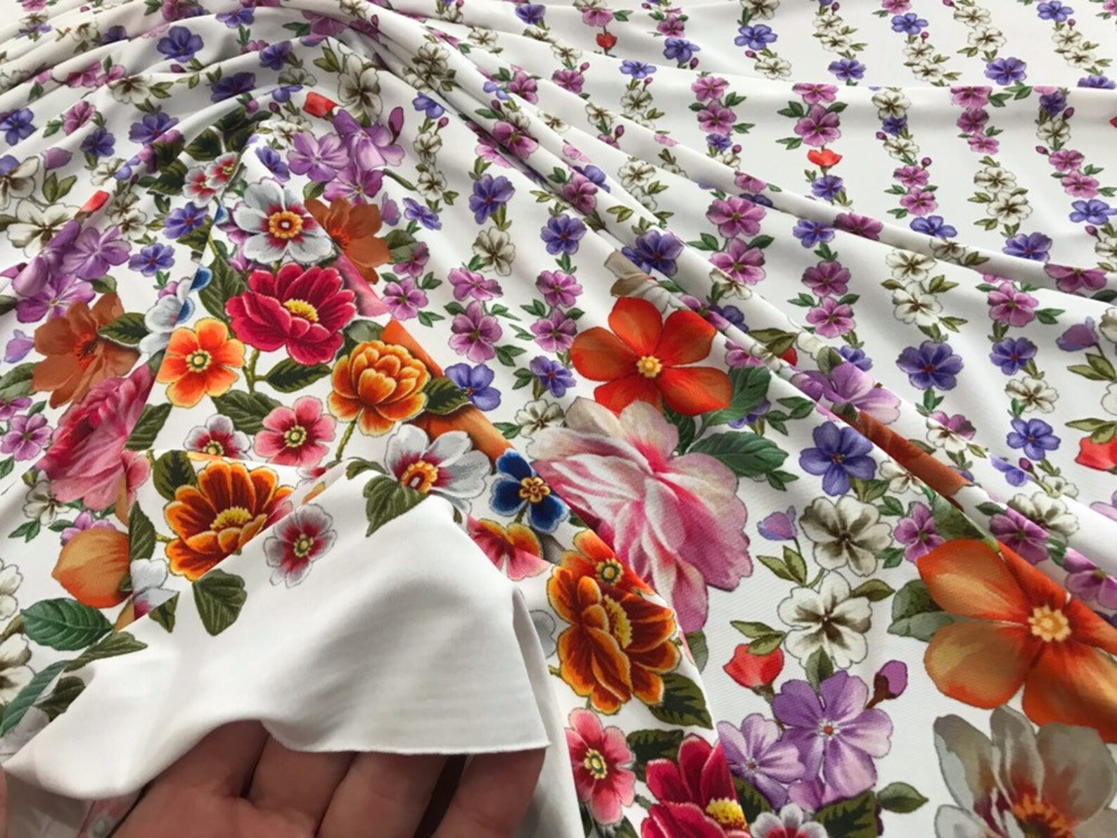 Floral jersey fabric. Floral white jersey fabric. Price for Etsy