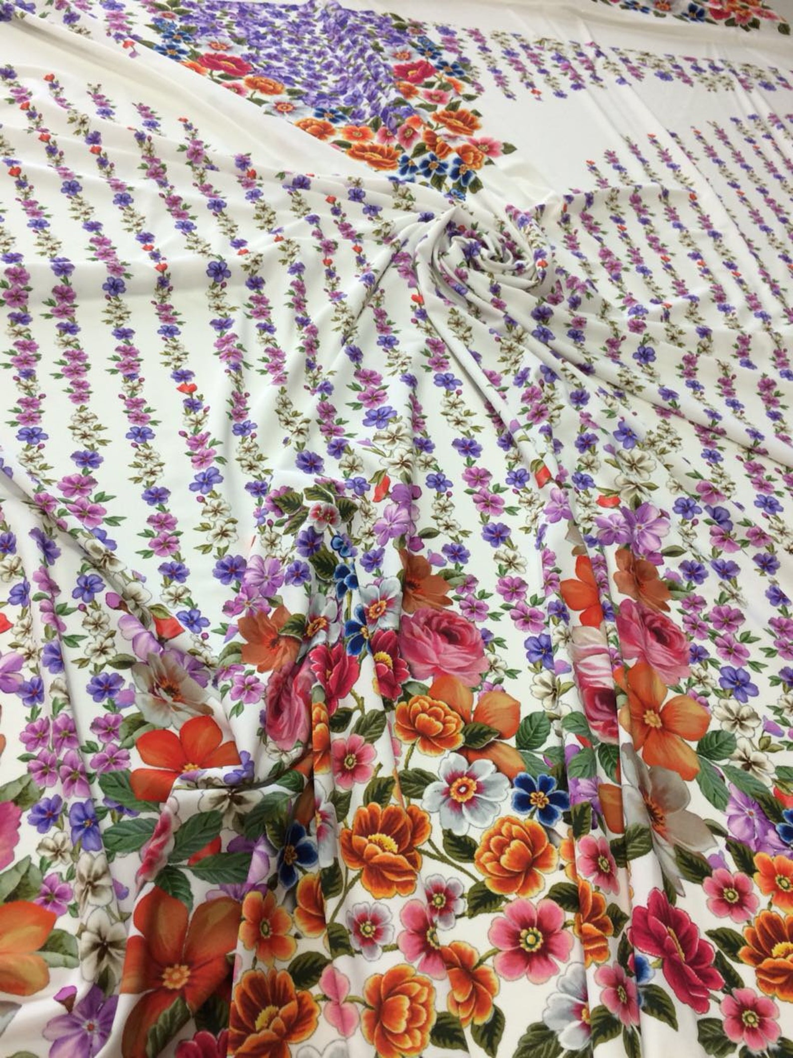 Floral jersey fabric. Floral white jersey fabric. Price for Etsy