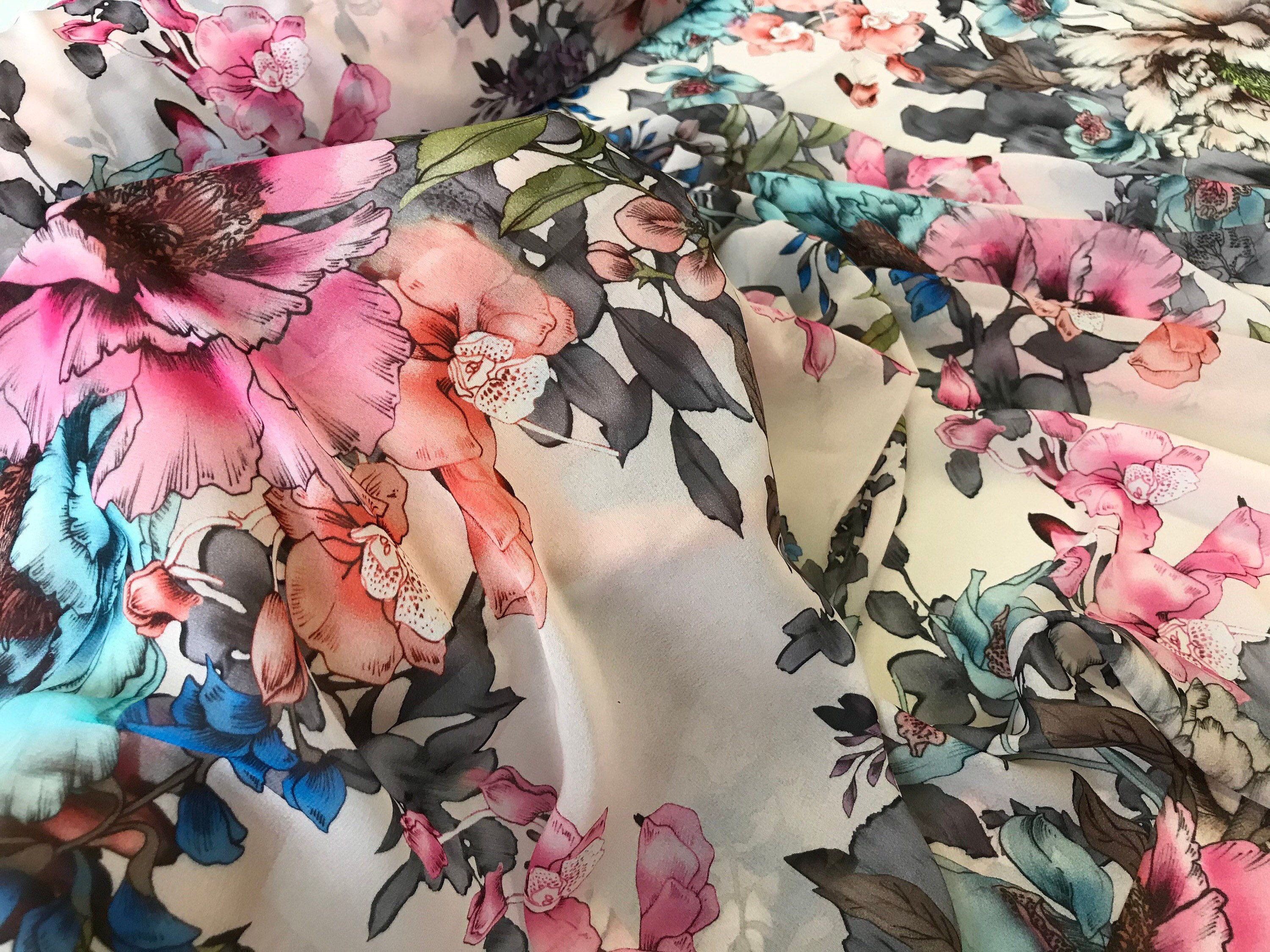 Pink Chiffon Fabric With Floral Print/pink Roses Chiffon | Etsy