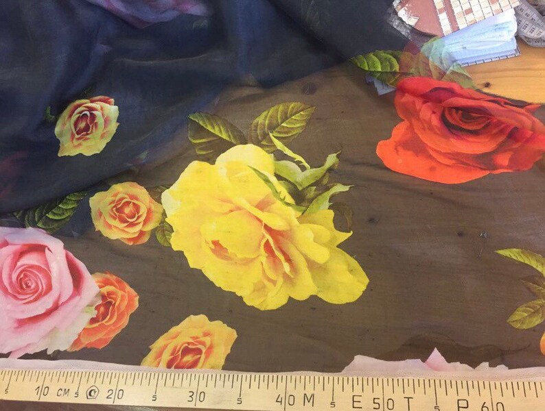 Last piece 1.5 m Designer silk fabric roses chiffon fabric Black silk fabricfloral silk fabric