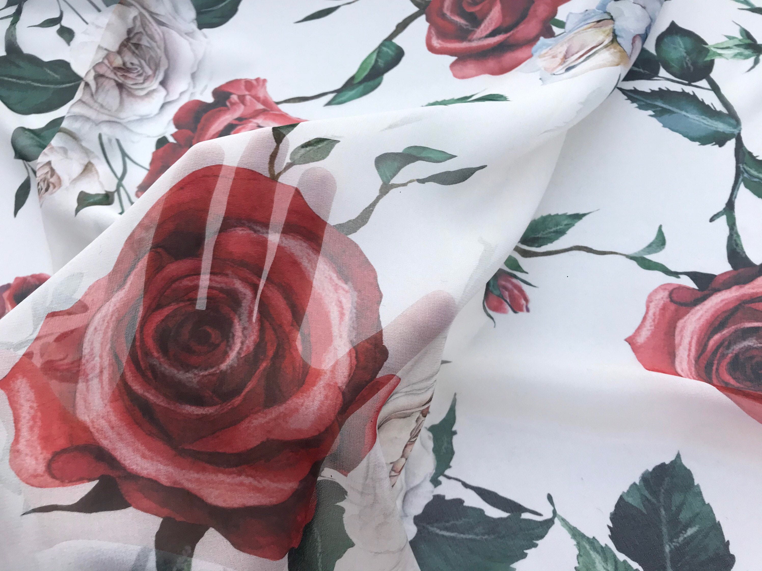 Floral Silk Chiffon Fabric/red Roses Silk Fabric/white Silk | Etsy