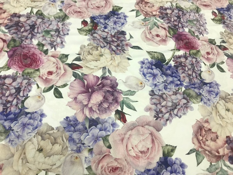 Wisteria cotton fabric. Rose and hydrangea print cotton Etsy