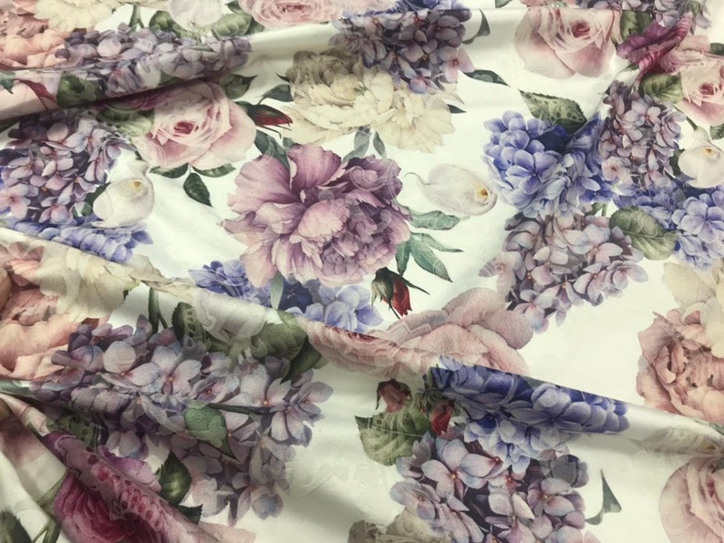Wisteria cotton fabric. Rose and hydrangea print cotton | Etsy