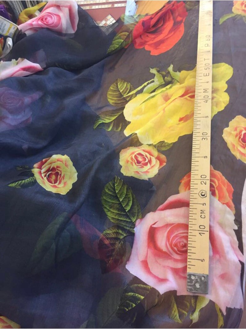 Last piece 1.5 m Designer silk fabric roses chiffon fabric Black silk fabricfloral silk fabric