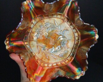 Radium Marigold Windflower Ruffled Bowl Dugan Carnival Glass