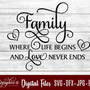 Family where life begins and love never ends SVG/ Family SVG / Love /SVG File/ Jpg Dxf Png / Digital Files / Silhouette Files/ Cricut Files
