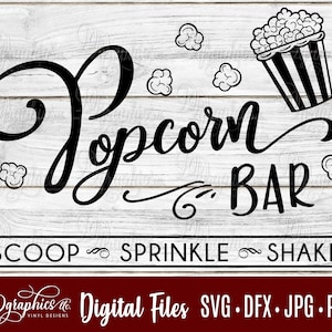 Puede incluir: Diseño gráfico en blanco y negro de un cartel de bar de palomitas con el texto "Popcorn Bar" y las palabras "Scoop, Sprinkle, Shake".