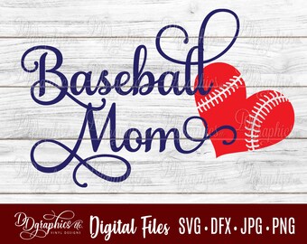Könnte beinhalten: Baseball Mom SVG-Schnittdatei mit einer roten, herzförmigen Baseballgrafik. Digitale Dateien umfassen SVG, DFX, JPG und PNG.