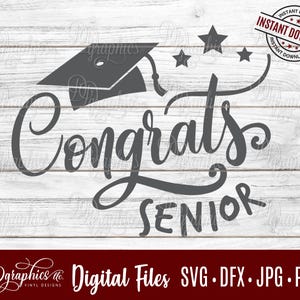 May include: A gray graduation cap with stars and the text "Congrats Senior" in a white wood background.