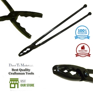 May include: Black metal blacksmith tongs with a long handle and a serrated jaw. The tongs are used for holding and manipulating hot metal. The image also includes a logo for Direct To Market LLC. and a 100% satisfaction guaranteed badge.