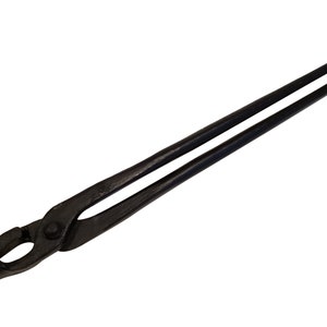May include: Black metal blacksmith tongs with a long handle.