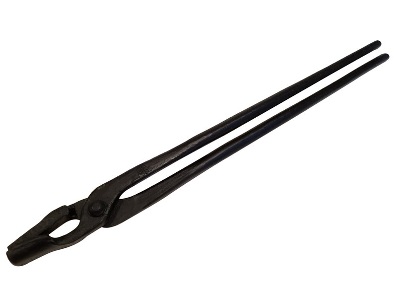 May include: Black metal blacksmith tongs with a long handle.