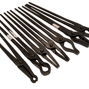 May include: Set of ten black metal blacksmith tongs with varying jaw sizes and lengths. The tongs are arranged in a row, with the longest tongs at the top and the shortest tongs at the bottom.