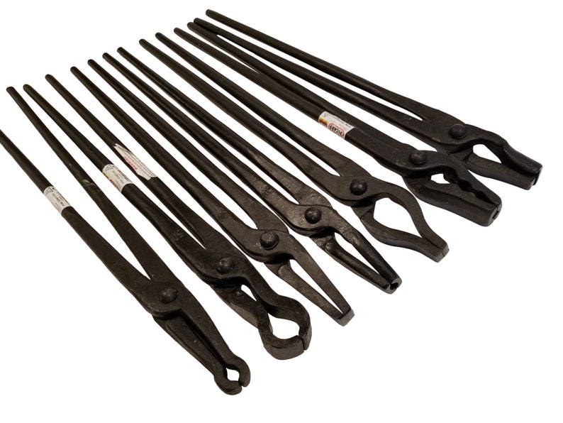 May include: Set of ten black metal blacksmith tongs with varying jaw sizes and lengths. The tongs are arranged in a row, with the longest tongs at the top and the shortest tongs at the bottom.