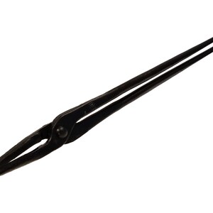 May include: Black metal tongs with a rounded tip. The tongs are used for holding hot metal objects.
