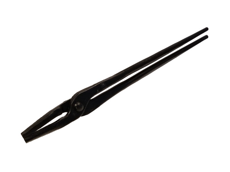 May include: Black metal tongs with a rounded tip. The tongs are used for holding hot metal objects.