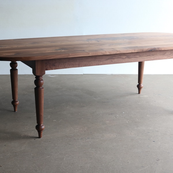 Modern French Country Dining Table, Oval Top, Turned Legs, Solid Walnut or White Oak