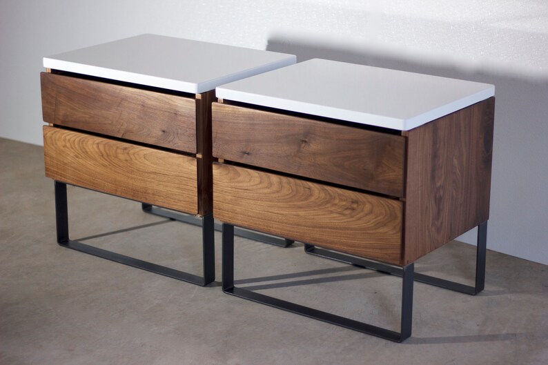Quartz Countertop Soft-Close Walnut Side Table Quartz Steel Nightstand
