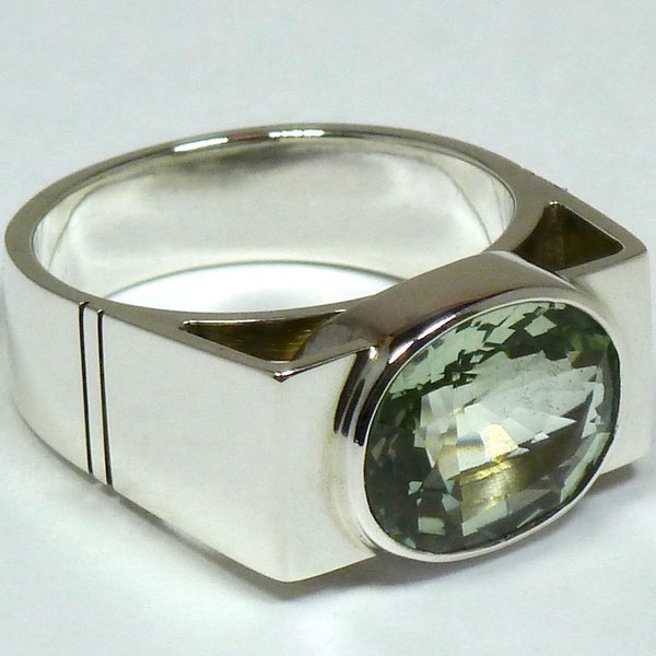 Bague en argent améthiste vert. Bague améthiste verte facettée en argent 925 pour hommes fabriquée à la main. Bijoux artisanaux pour hommes.