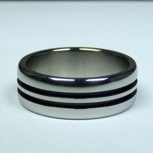 Polished  pure Zirconium ring with 2 black oxidized grooves. Zirconium jewelry. Zirconium wedding ring. Zirconium men&#39;s ring.