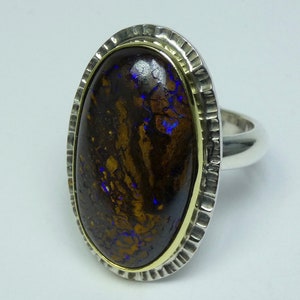 Boulder opal cabochon 18K gold and silver 925 ring. Boulder opal jewelry. Opal ring.