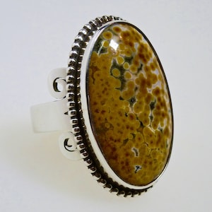 Ocean jasper silver ring. Ocean jasper cabochon, silver 925 hand crafted ring. Jasper silver spirals ring.